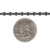 Sterling silver titanium plated chain next to a quarter dollar coin on a white background
